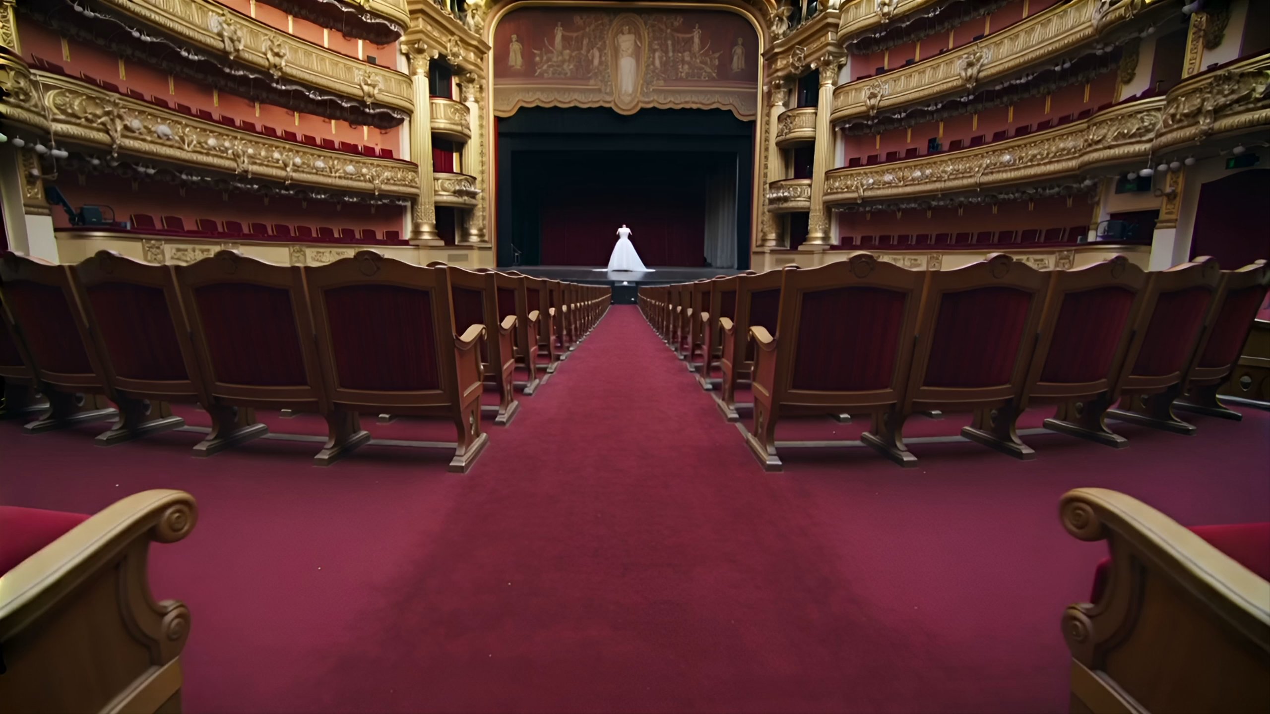 One unbroken sixteen-second steadicam shot through an empty opera house toward a white gown on stage.