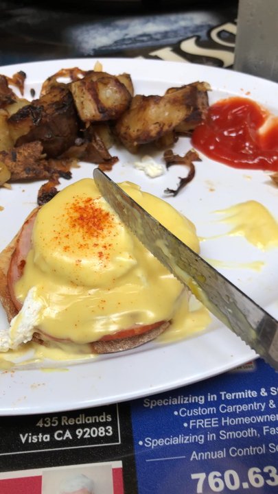 Curbside Cafe - The saddest thing that can happen in an eggs benedict :/ - Breakfast & Brunch Near Me - Vista, California