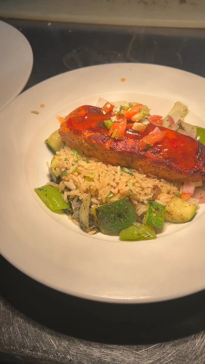 Witten's Grill & Sports Cafe - Sweet Chili Blackened Salmon w/ Cilantro Lime Jasmin Rice and Roasted Veggies - Sports Bars Near Me - Hurst, Texas