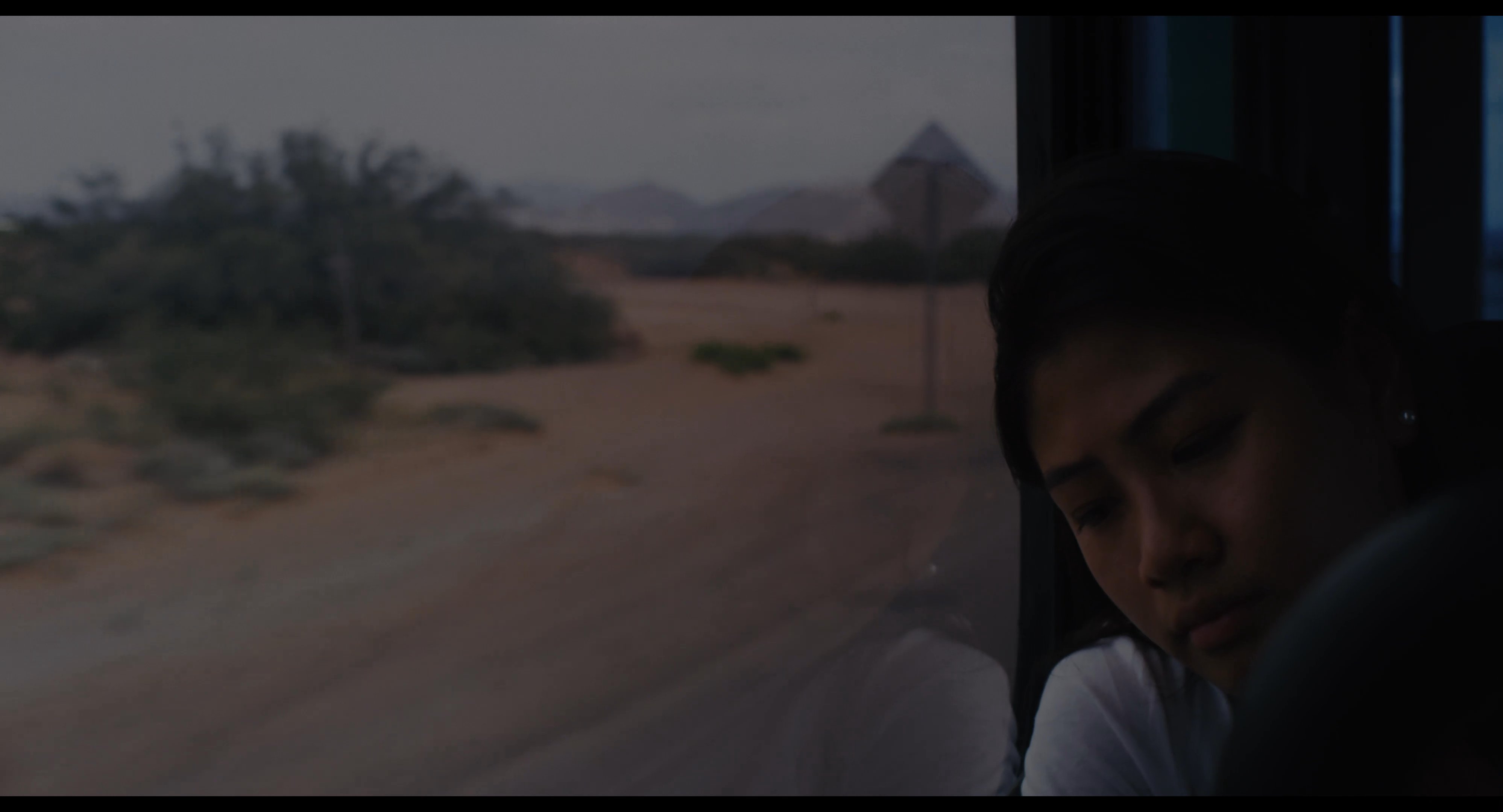A passenger gazes out the window of a moving bus, observing the passing desert landscape during a journey.