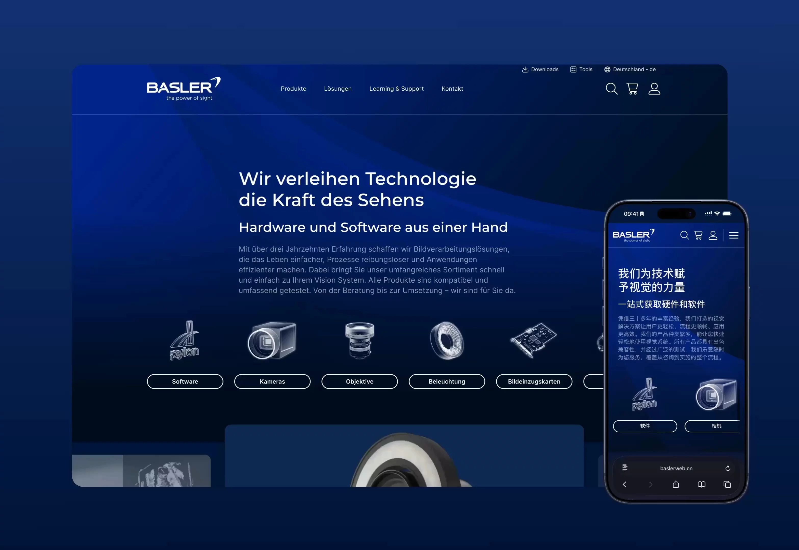 Hero-Inszenierung der Basler Web-Plattform mit modernem Interface, klarer Typografie und dynamischen Motion-Übergängen. | Hypercode, Digital Product Studio, Köln