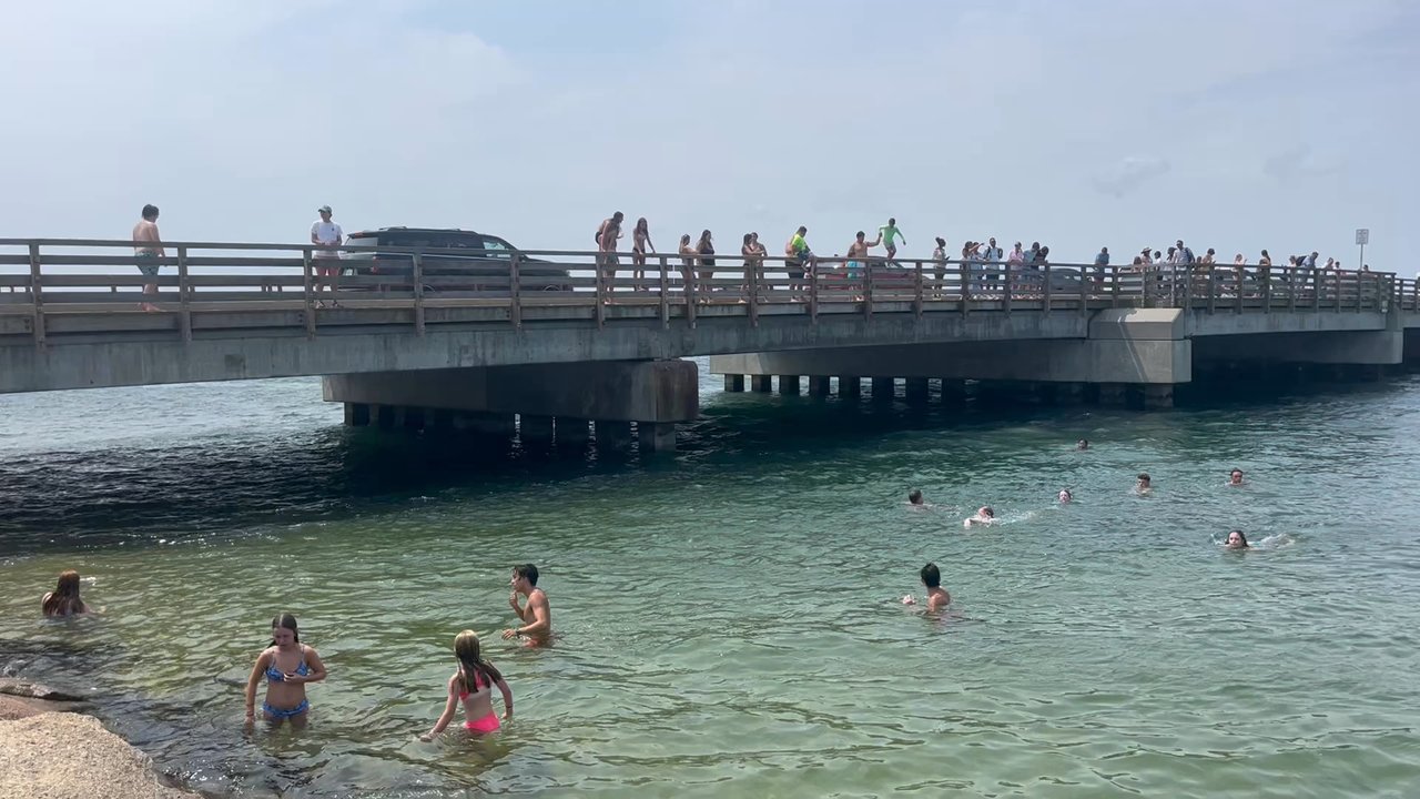 Joseph Sylvia State Beach - Kids jumping from jaws bridge attached to Sylvia state beach - Beaches Near Me