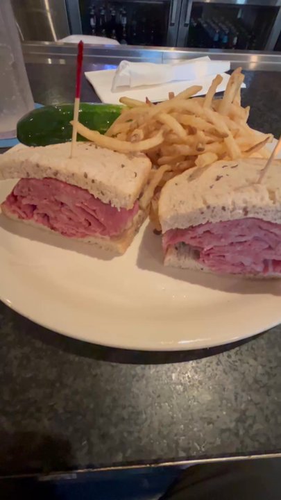 Lester's - HOT CORNED BEEF sandwich with fries and a pickle spear - Burgers Near Me - St. Louis, Missouri