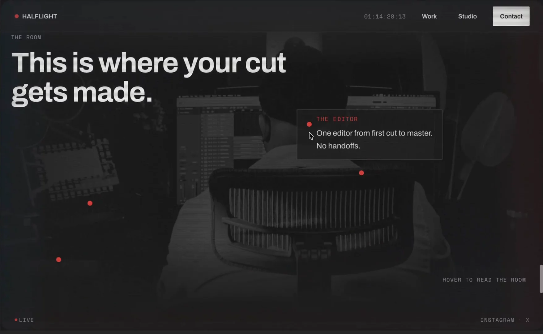 Half Light Film in 30 seconds. The film wall, the timeline where every clip is as wide as its runtime, the video player and the contact page.