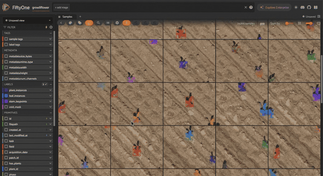 GrowliFlower UAV cauliflower plants with colored instance segmentation masks in the FiftyOne app