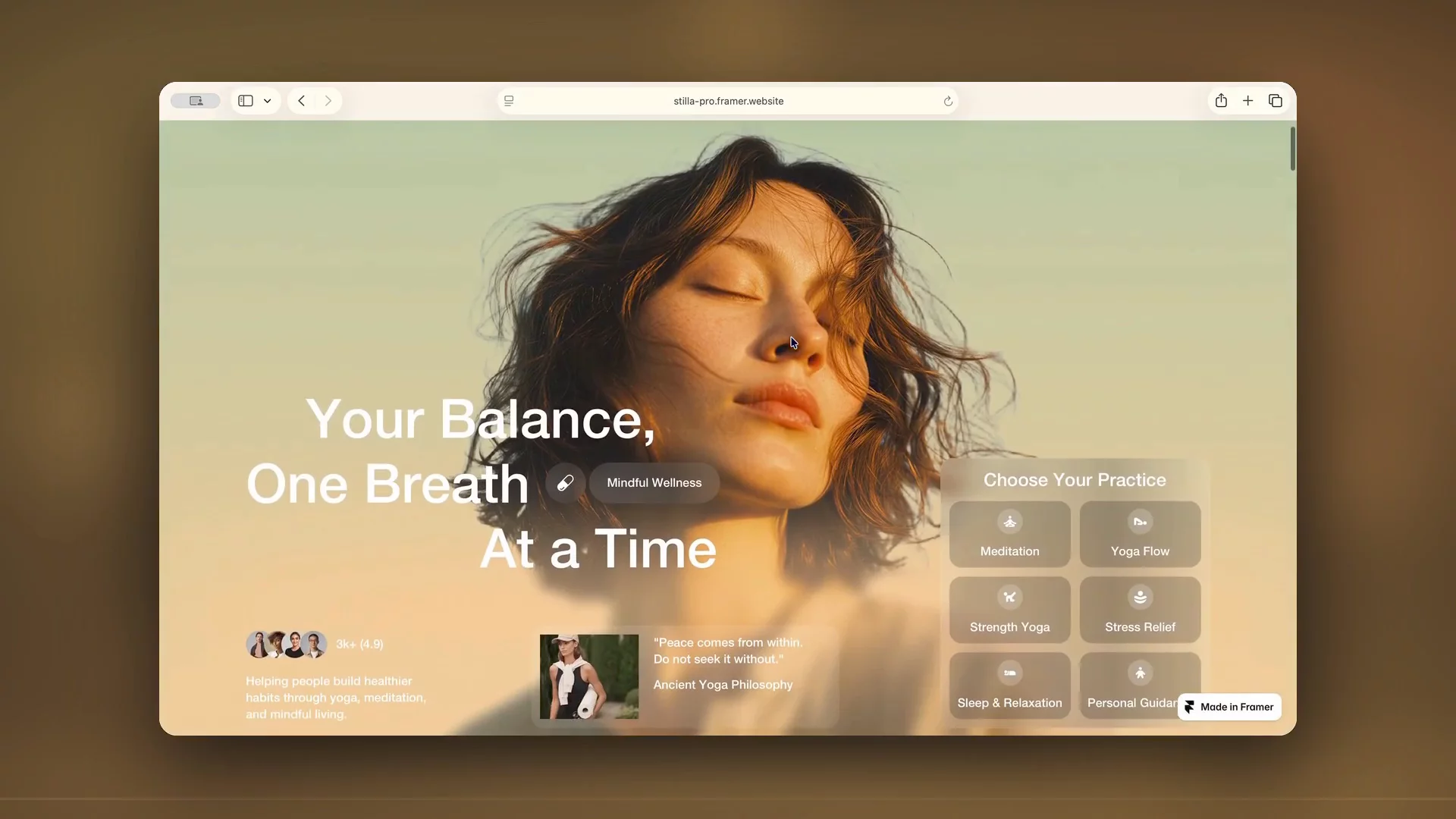 Stilla, in motion.Warm light shifting as you scroll, a practice selector settling into place, soft fade-ups throughout. The hard part with wellness is that calm can't feel dead motion has to be there without announcing itself.12 pages, CMS-powered services, Figma included.stilla-pro.framer.website