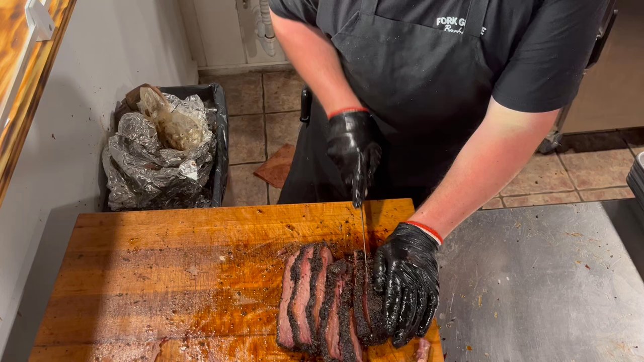 Fork Grove Barbecue - Slicing brisket and allocating into LARGE portions. - Barbeque Near Me - Anderson, South Carolina