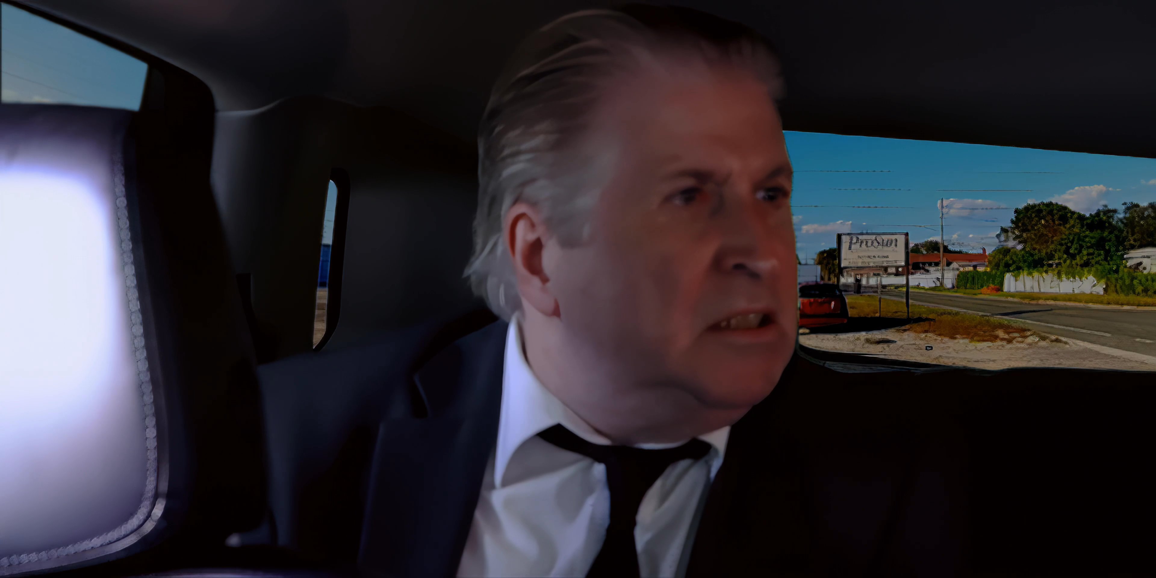 Two men engage in a serious conversation while traveling as passengers in the backseat of a vehicle. The scene focuses on their dynamic interaction during a commute.