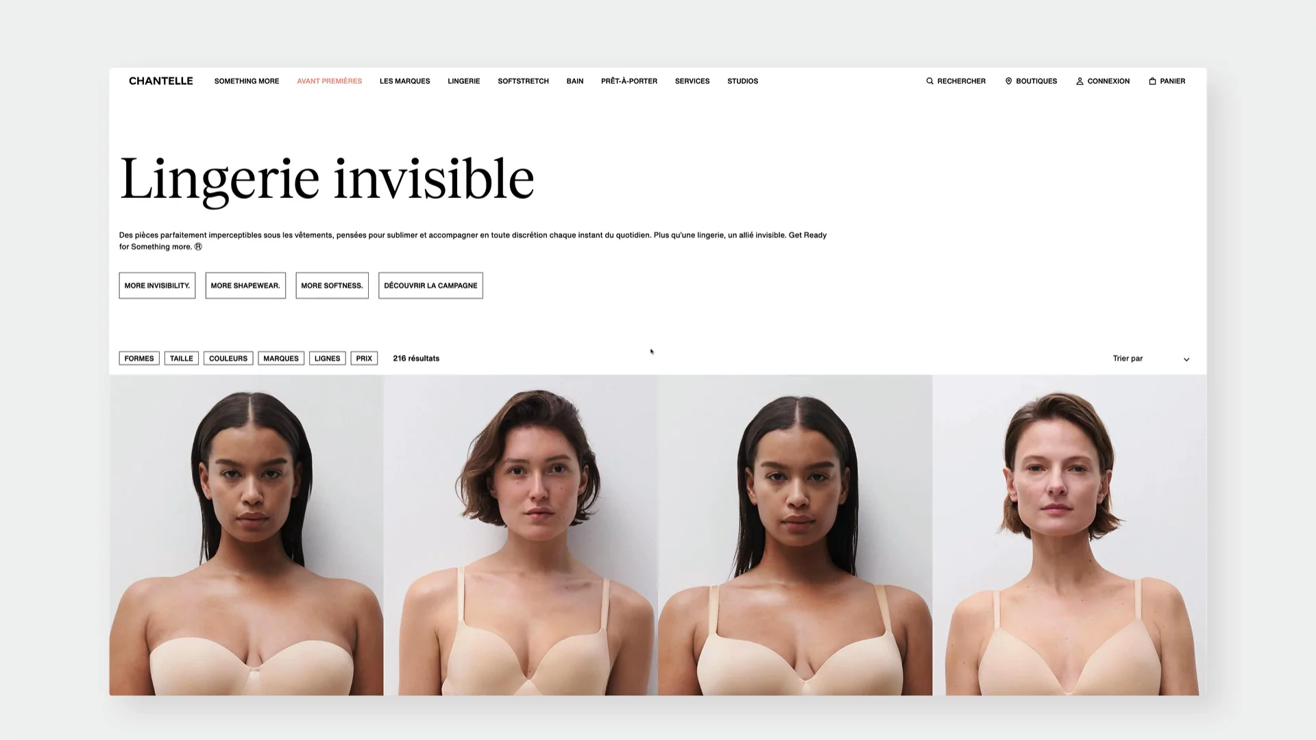 Chantelle lingerie product cards displaying four models wearing different beige bras from the Essential line. Each card shows subtle hover interactions including quick-buy buttons, name and style reveal, and smooth image transitions between front and back views—demonstrating intuitive microinteractions for an enhanced shopping experience.