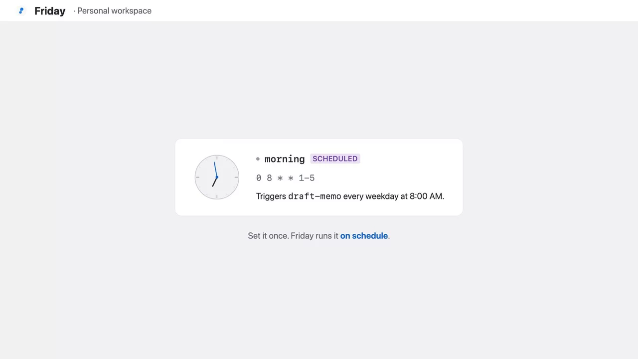 Friday Studio building and running an agentic AI workspace — workflows in plain language, connected across your stack, executing on schedule