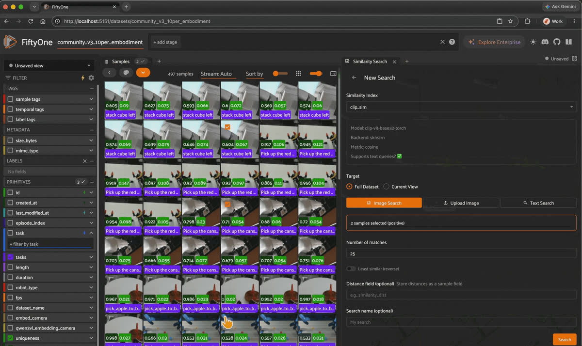 Selecting LeRobot episodes in the FiftyOne App and running an image similarity search from the Similarity Search panel