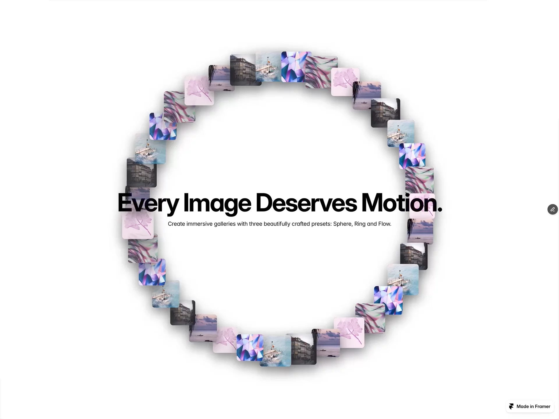 MOTION CANVAS — RingMotion doesn't need speed to create energy.A slower, continuous movement can give a gallery rhythm without turning the images into background noise.The challenge is keeping things moving while still giving each image enough time to be seen.Sometimes rhythm is enough.https://framer.link/SKU8NQn