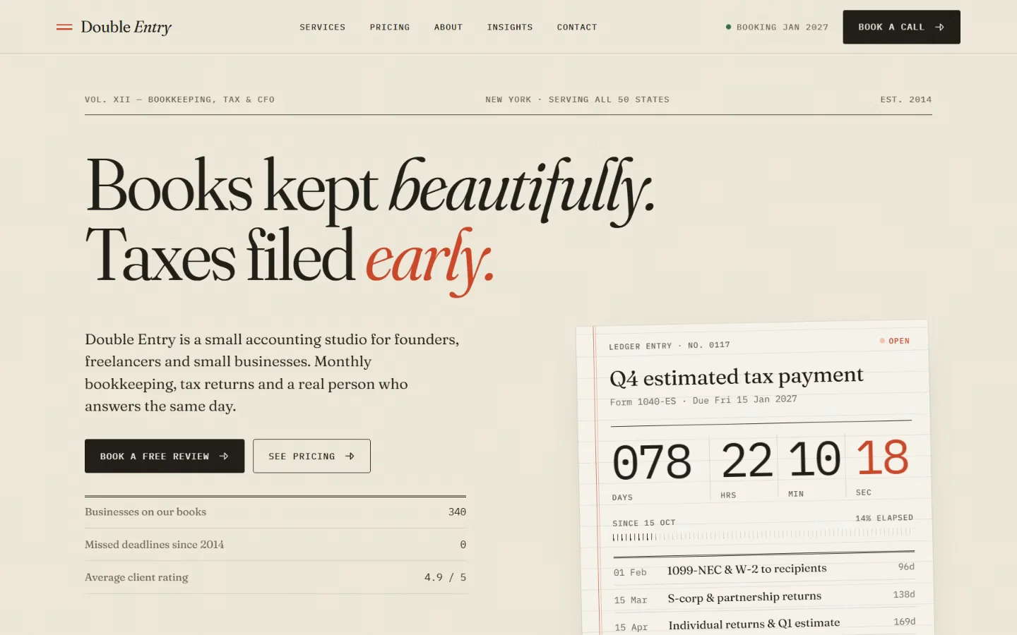Accounting sites don't have to look like a bank.Double Entry is ledger paper: a live tax-deadline countdown in the hero, a savings estimator that tallies like an adding machine, and pricing as an itemised receipt you tick on and off.Every colour is a role token, so it reskins for insurance, legal or advisory firms in minutes. CMS for services, team, articles, testimonials and FAQs.Preview: https://tasty-suggestions-629694.framer.appGet it: https://whop.com/rasaltechsolutions/double-entry-framer-template-for-accounting-firms/