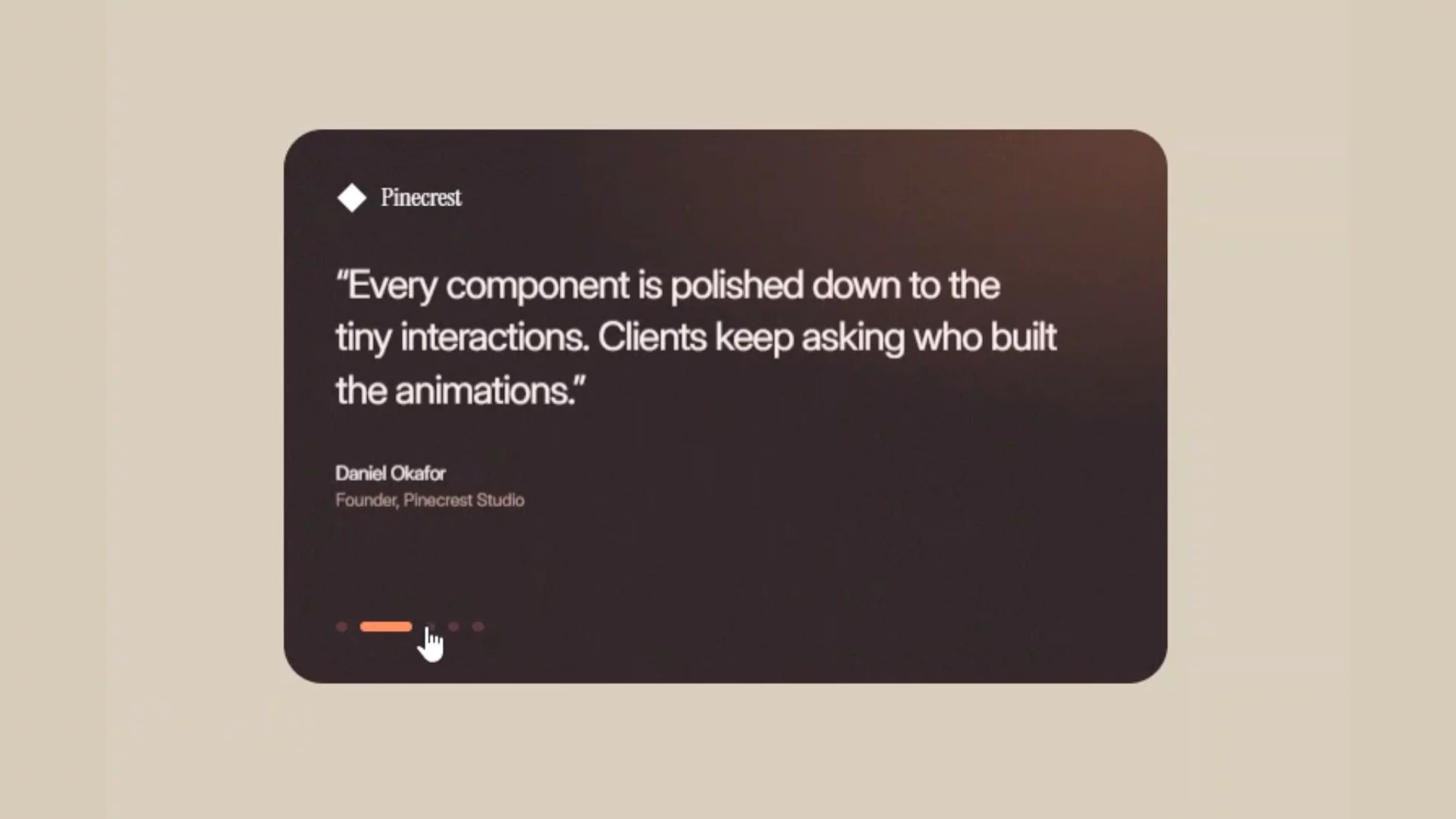 58/100 - Testimonials Slider Card (Free)Animated card with logo reveals, smooth fades, autoplay, drag-to-swipe, and six color themes. No code needed.Live PreviewProof Card Component by Russet Supply