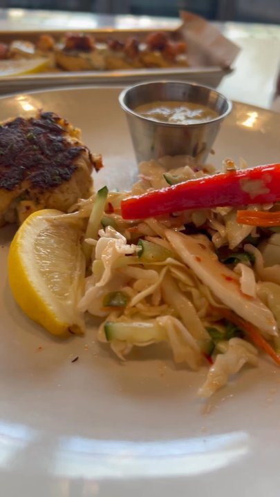 Tricky Fish - Crab Cakes, Side Okra & Fried Green Tomatoes - - Seafood Near Me - Frisco, Texas