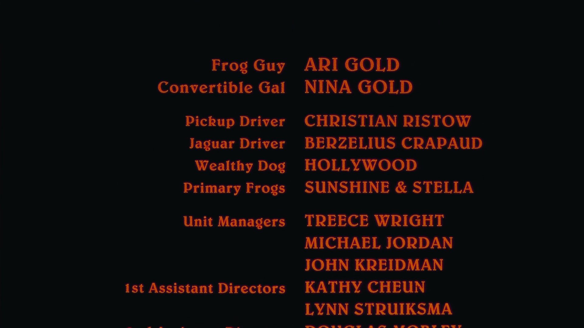 Scrolling text lists the production crew, cast, and creative contributors for a motion picture project against a dark background.
