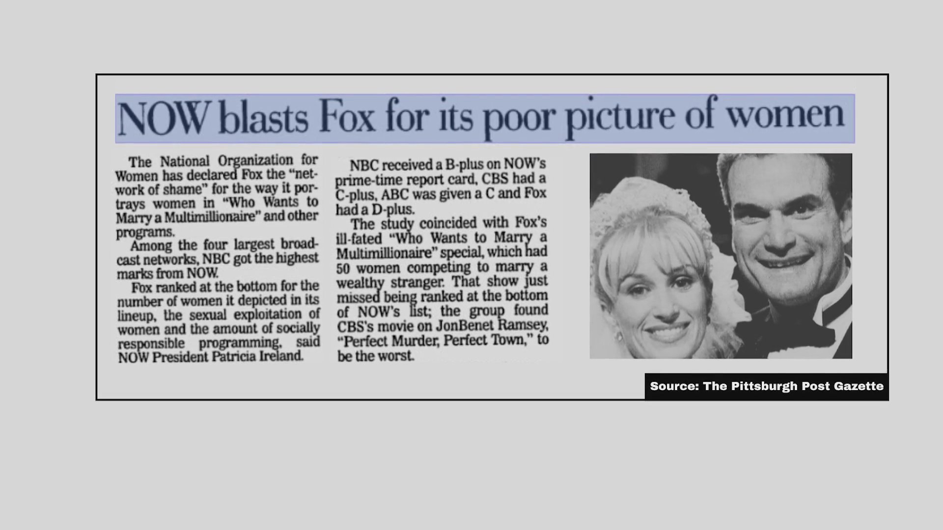 A newspaper article explores criticism from the National Organization for Women regarding television network portrayals of female subjects. The text highlights network performance evaluations and specific programming concerns within a broader industry report.