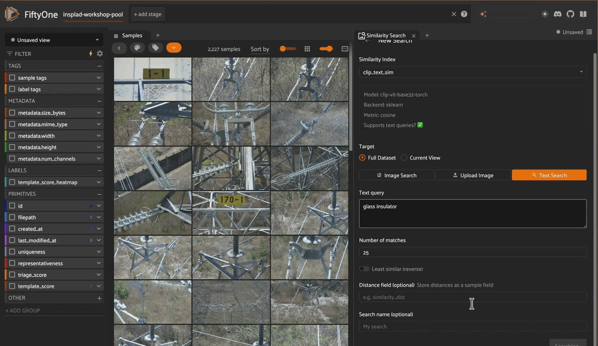 Typing "tower id plate" into the FiftyOne App similarity search bar to re-rank the grid using CLIP text embeddings