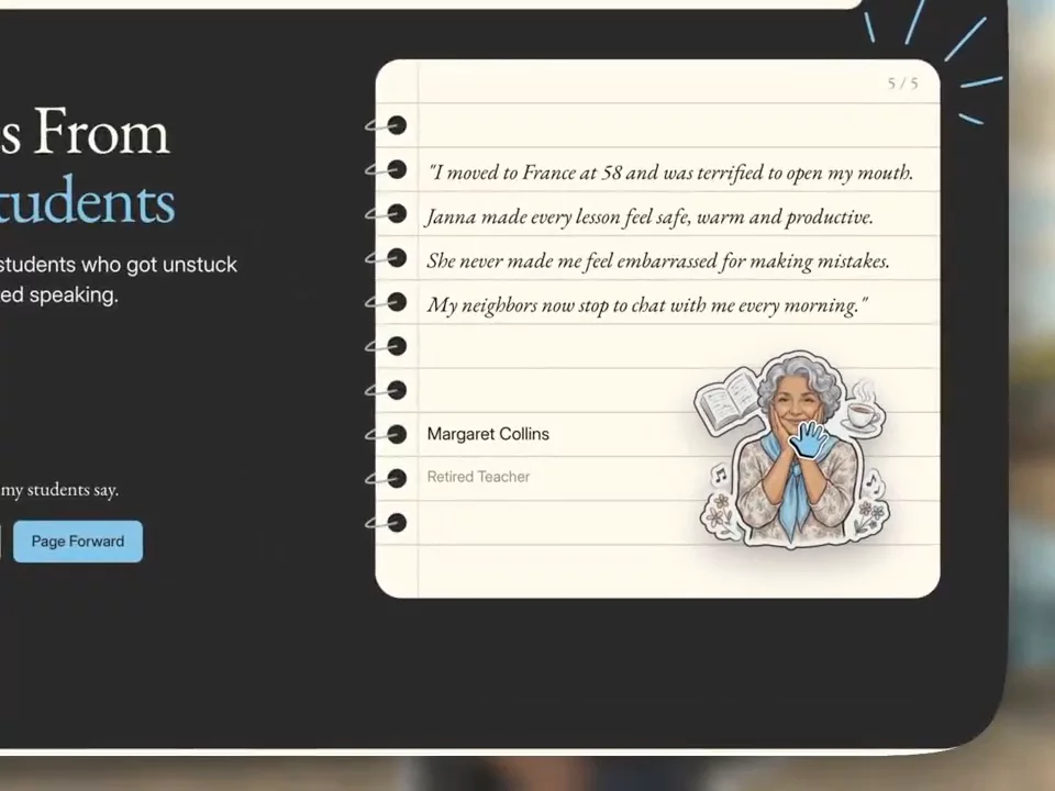 A handwritten-style testimonial notebook with draggable student stickers, built in Framer for a French tutor site.