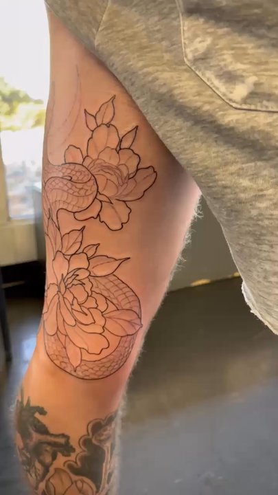 Self Made Tattoo - Snake/peony tattoo linework - Tattoo Near Me - Colorado Springs, Colorado