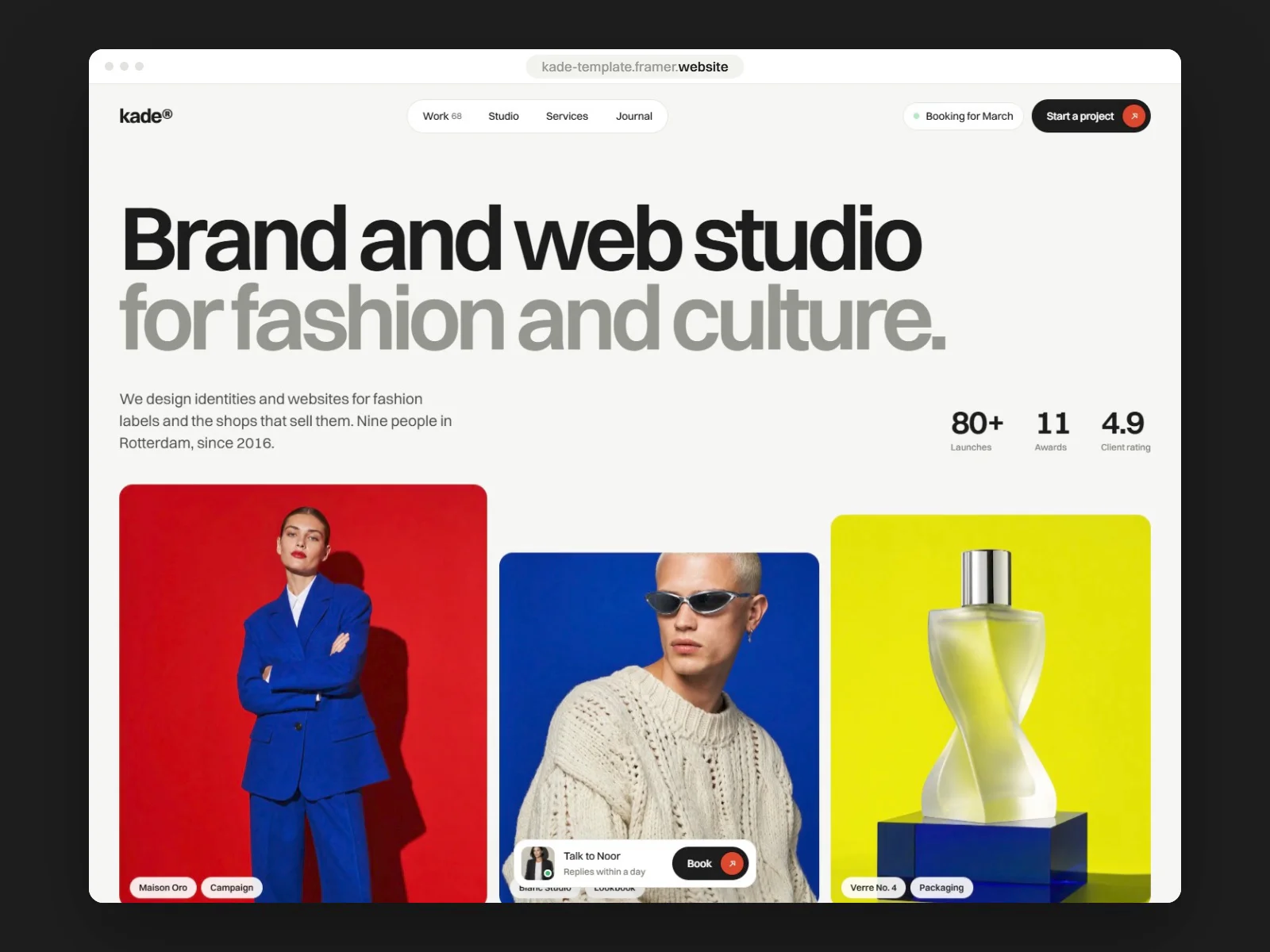 Kade's first screen puts three real projects right under the headline, so visitors see the work before they read anything else.If you run a studio, what's on your first screen?
