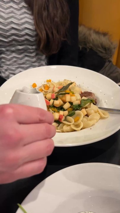 Krewe Restaurant - orecchiette & sausage  orecchiette, italian sausage, apple, squash, broccoli rabe, parmesan, fried sage with apple brodo poured tableside - Cajun/Creole Near Me - Saint Joseph, Minnesota