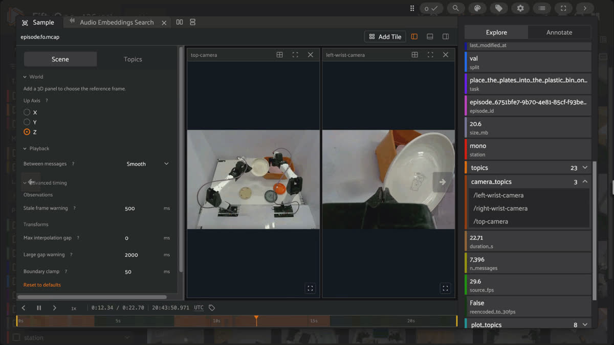 FiftyOne's multimodal viewer playing an MCAP episode with top-camera and wrist-camera tiles on a shared timeline, alongside populated fields like task, episode_id, station, and camera_topics.