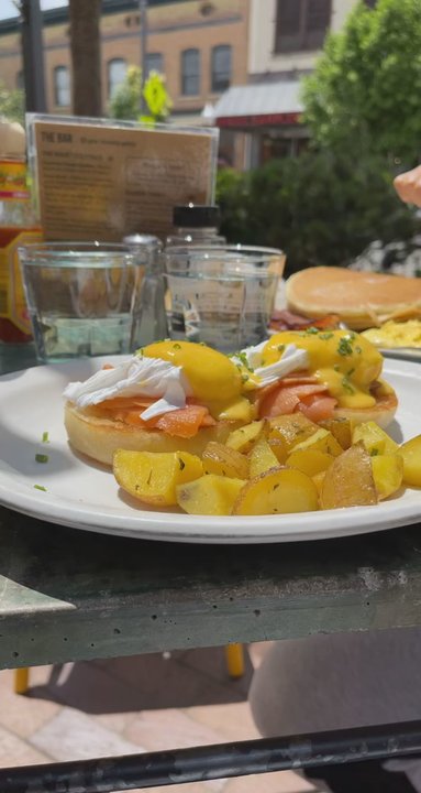 The Roost - Views from the patio, smoked Smoked Salmon Benny* - Breakfast & Brunch Near Me - Lawrence, Kansas