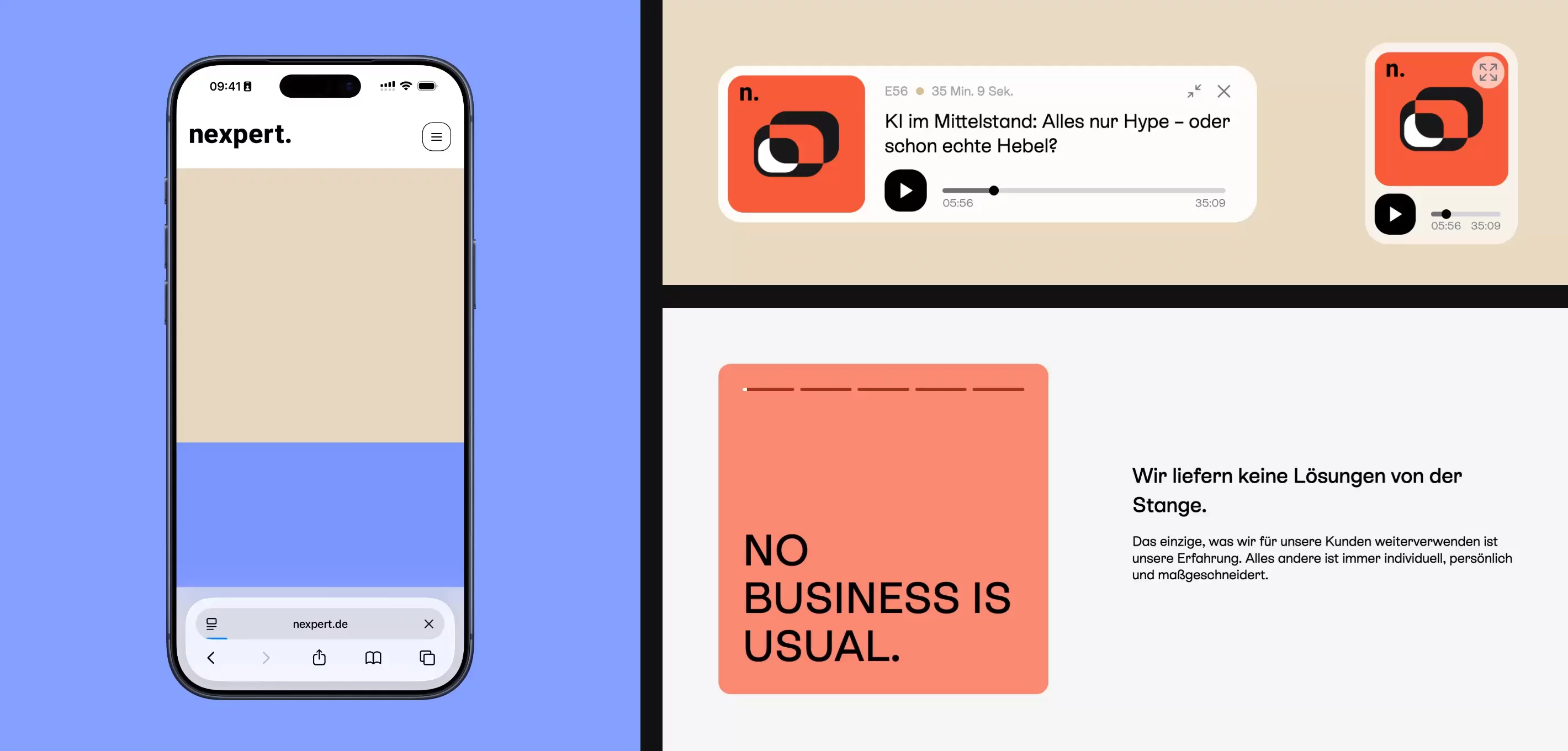 Verschiedene UI-Komponenten der von Hypercode entwickelten Corporate Website für nexpert: Links die mobile Homepage mit klarer Typografie und markanten grafischen Formen, rechts modulare Inhalts- und Branding-Elemente wie Podcast-Player und Claim-Karten. Moderne, individuelle Interface-Bausteine für ein konsistentes, hochwertiges Nutzer*innenerlebnis über alle Viewports hinweg. | Hypercode, Digital Product Studio, Köln