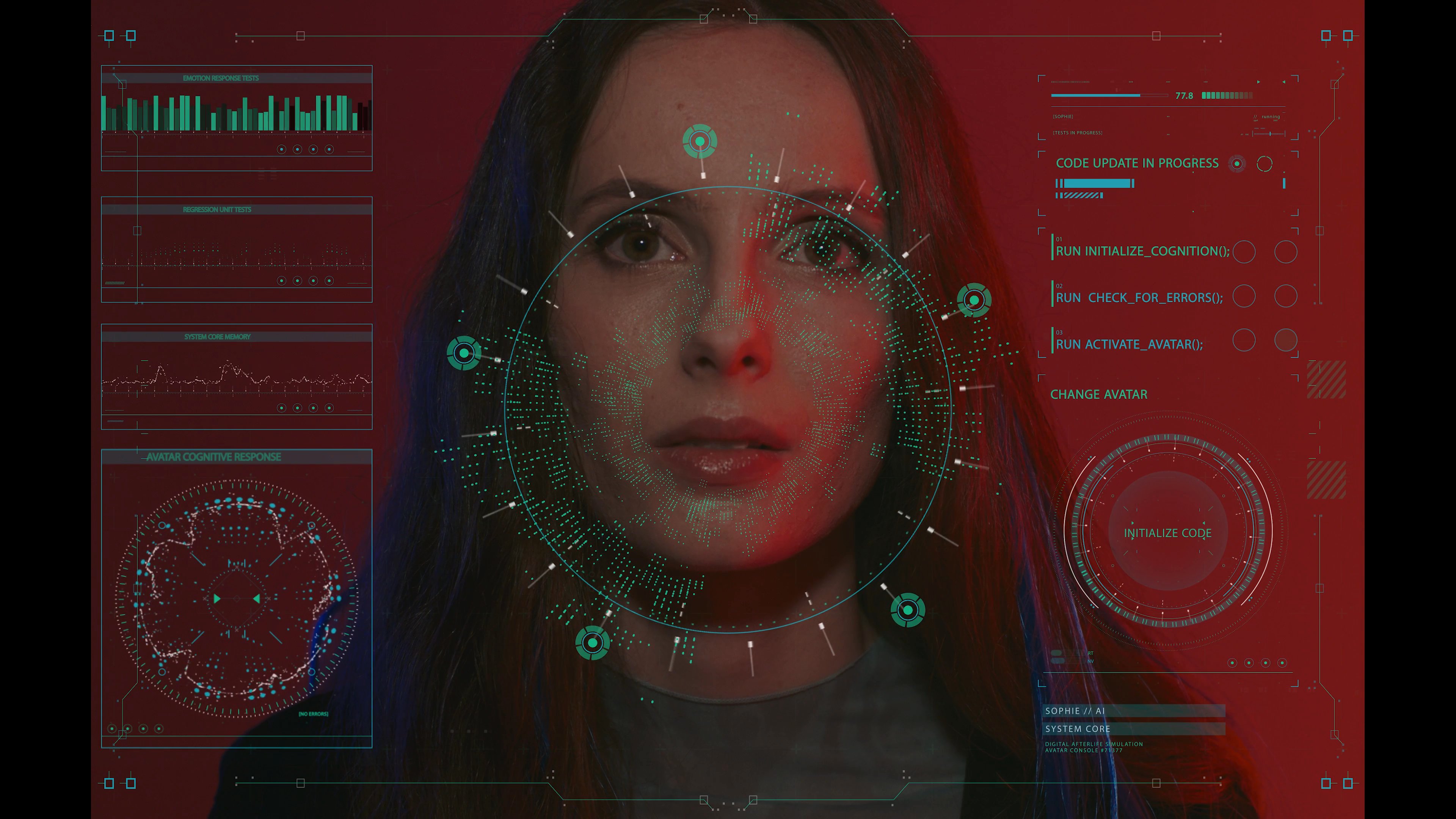 A woman undergoes a biometric identity scan while interacting with a human companion in a high-tech environment. The sequence explores the intersection of synthetic intelligence and human intimacy through visual data overlays.