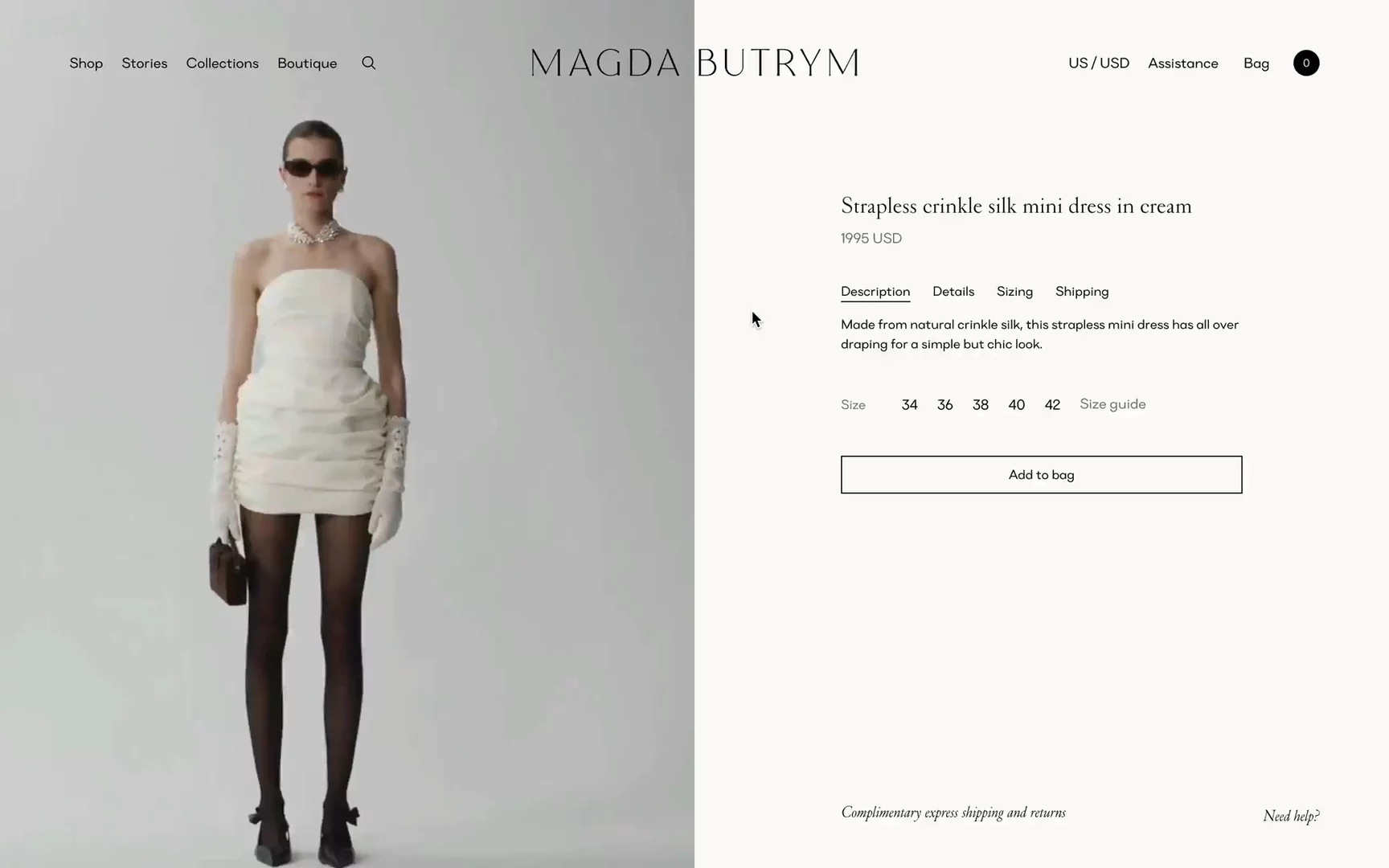 A video of Magda Butrym website showcasing product detail page and add to bag process.