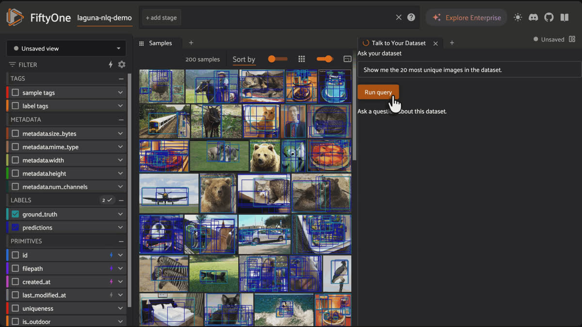 FiftyOne Brain sorting by uniqueness score and limiting the FiftyOne App view to the 20 most unique images.