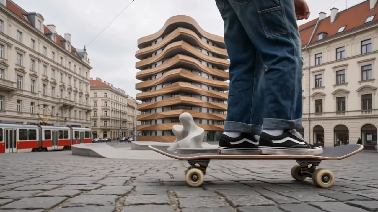 Thirty seconds in Vienna: a skater, a tram and a timber tower trading the frame