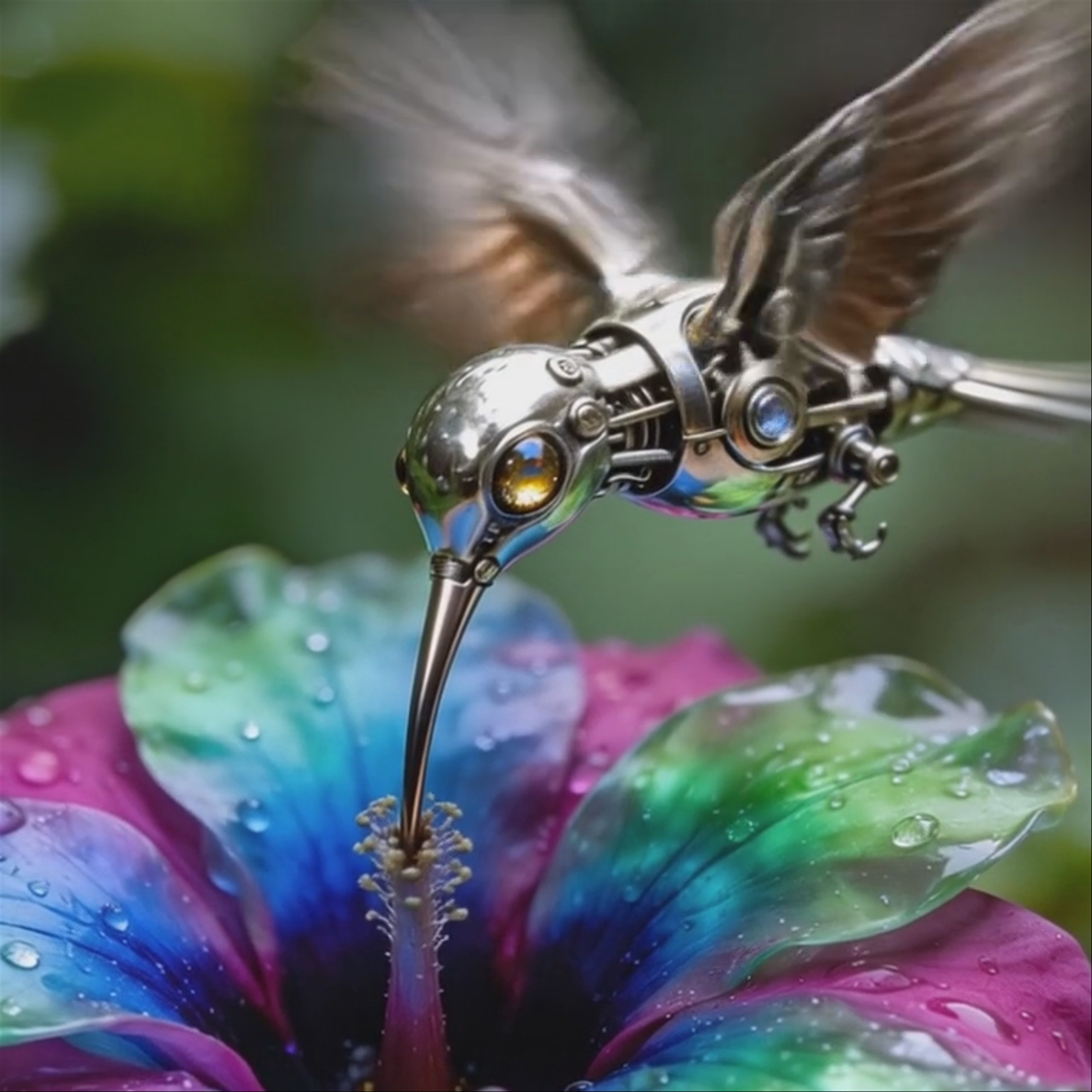 A close-up shot of a metallic, steampunk-style hummingbird drinking nectar from a vibrant, multi-colored hibiscus flower covered in water droplets. Generated with MiniMax Hailuo 2.3 Standard at 768x768 resolution, the mechanical bird features intricate silver plating and glowing eyes.