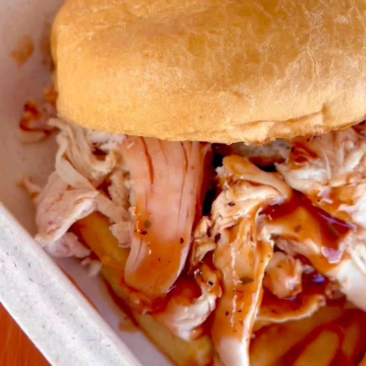 Taino Smokehouse - Pulled Chicken Sandwich, fries and a pickle - Barbeque Near Me - Middletown, Connecticut