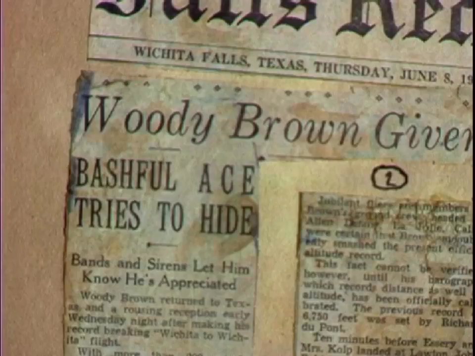 Historical newspaper clippings and archival imagery detail the flight achievements of pilot Woody Brown and his aircraft, the Thunder Bird.