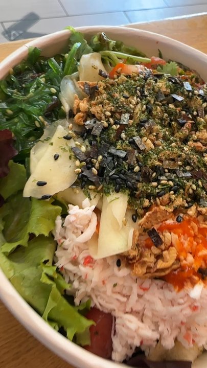 Bay Poke - So many toppings you can't even see my fish! Medium three scoop poke bowl - Poke Near Me - Pasadena, California