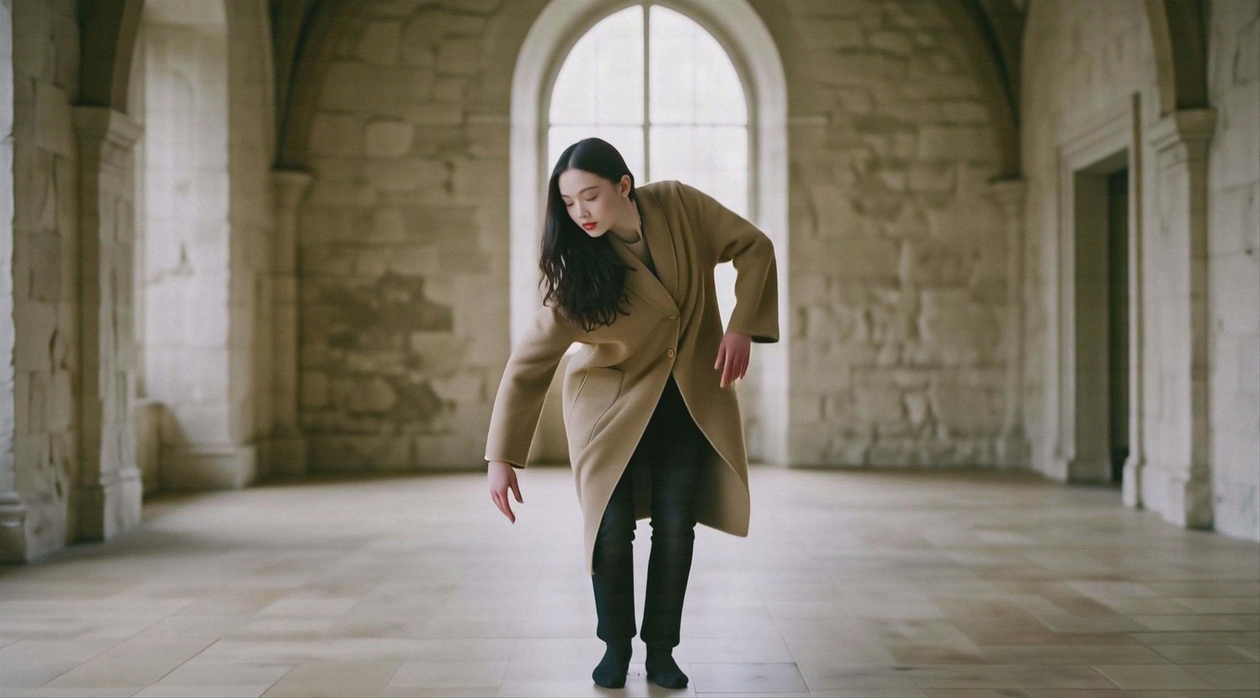 A dancer's movement transferred onto a coated figure standing in a limestone hall.