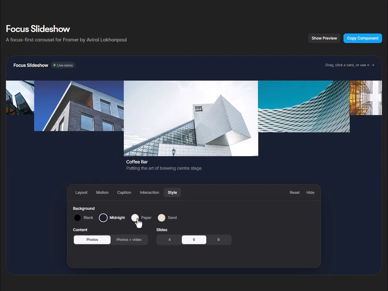 New @Framer component: Focus Slideshow ✨A polished, editorial slideshow where the centre card takes the spotlight while the others stay within reach.→ Images + videos→ CMS support→ Drag, swipe &amp; keyboard→ Autoplay + parallax→ Responsive layoutsNow live on the @Framer marketplace 🚀