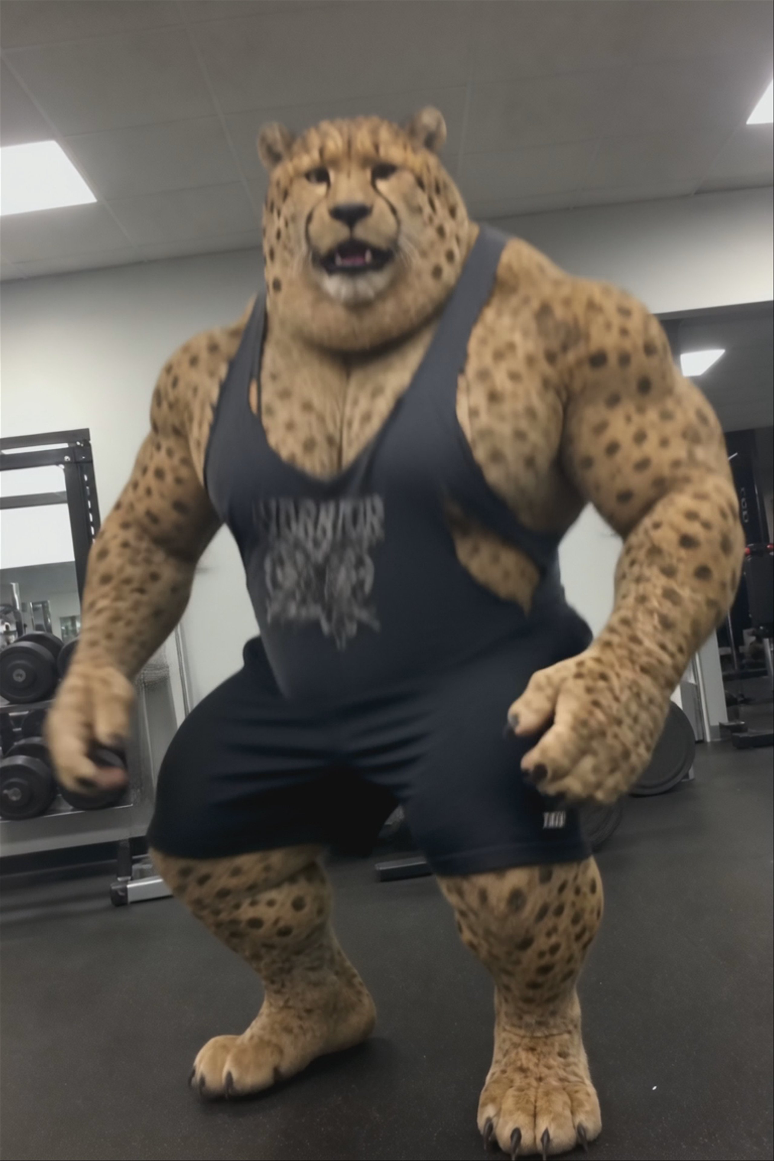 A vertical 768x1152 talking-animal video of a huge muscular humanoid cheetah bodybuilder in a gym, delivering an intense coaching line to camera. Generated from a candid-style still and an audio track using Hedra Avatar.