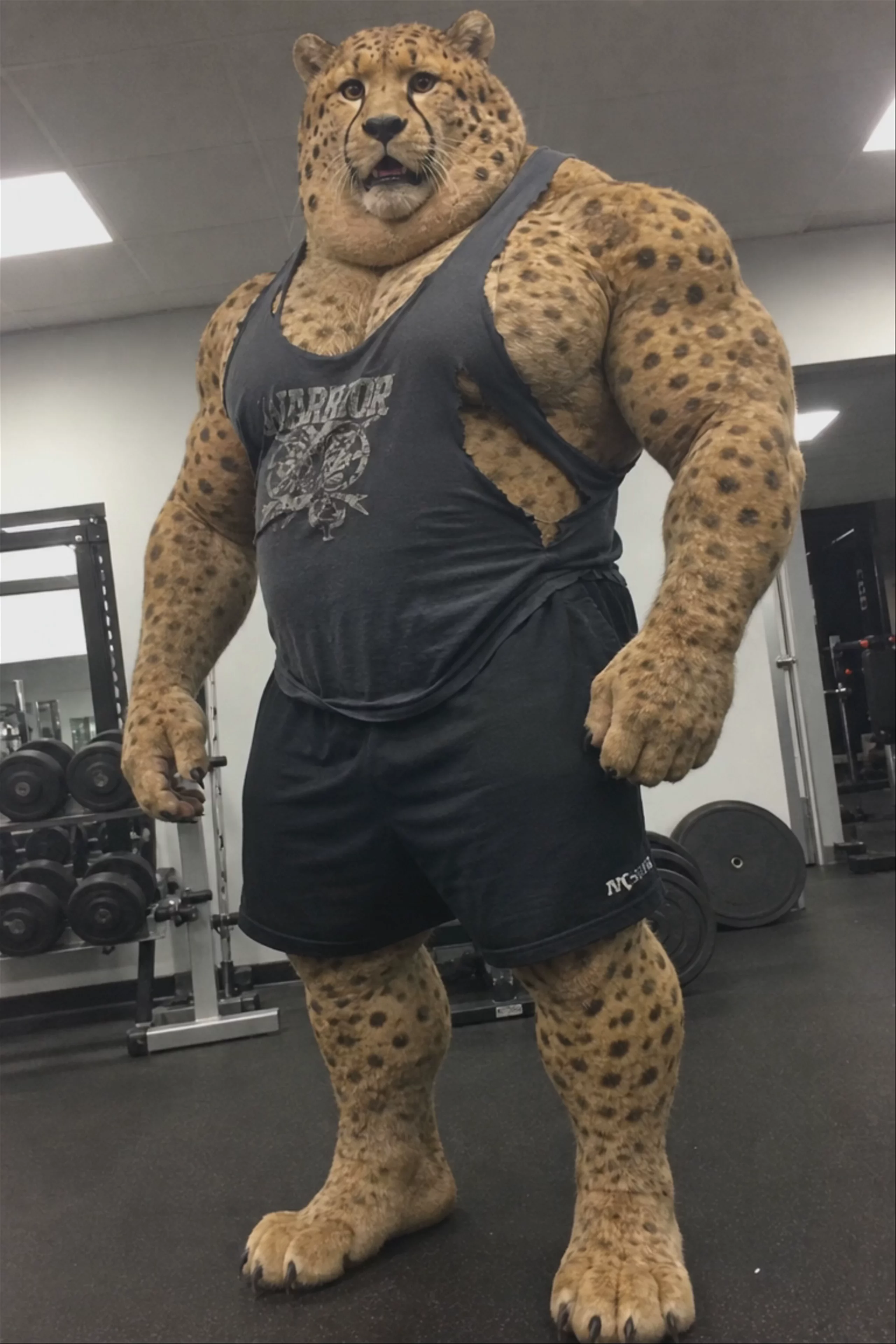 A vertical 768x1152 talking-animal video of a huge muscular humanoid cheetah bodybuilder in a gym, delivering an intense coaching line to camera. Generated from a candid-style still and an audio track using Hedra Avatar.