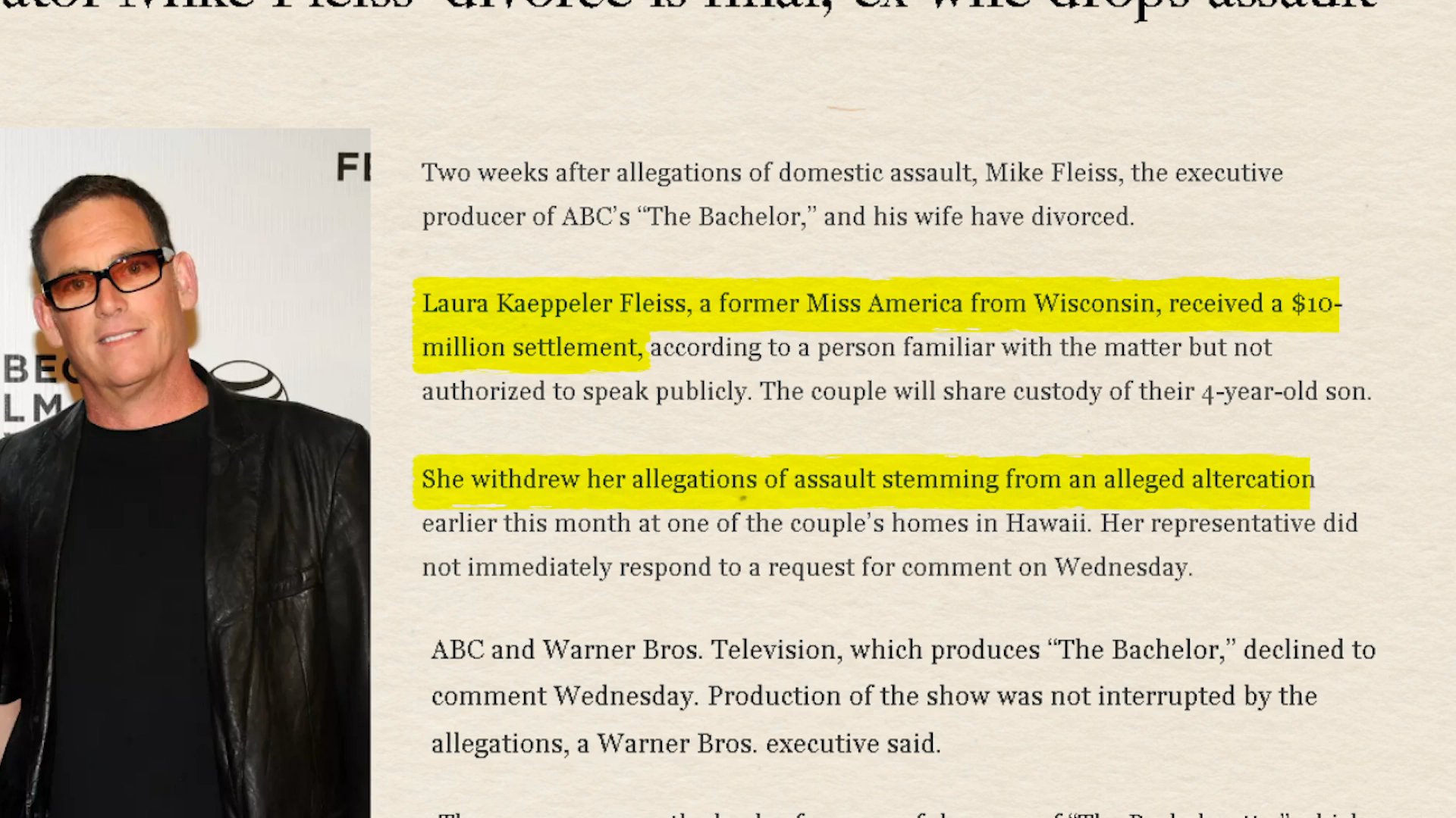 A news report outlines the divorce and legal settlement between Bachelor creator Mike Fleiss and his ex-wife, Laura Kaeppeler, following the withdrawal of assault allegations.