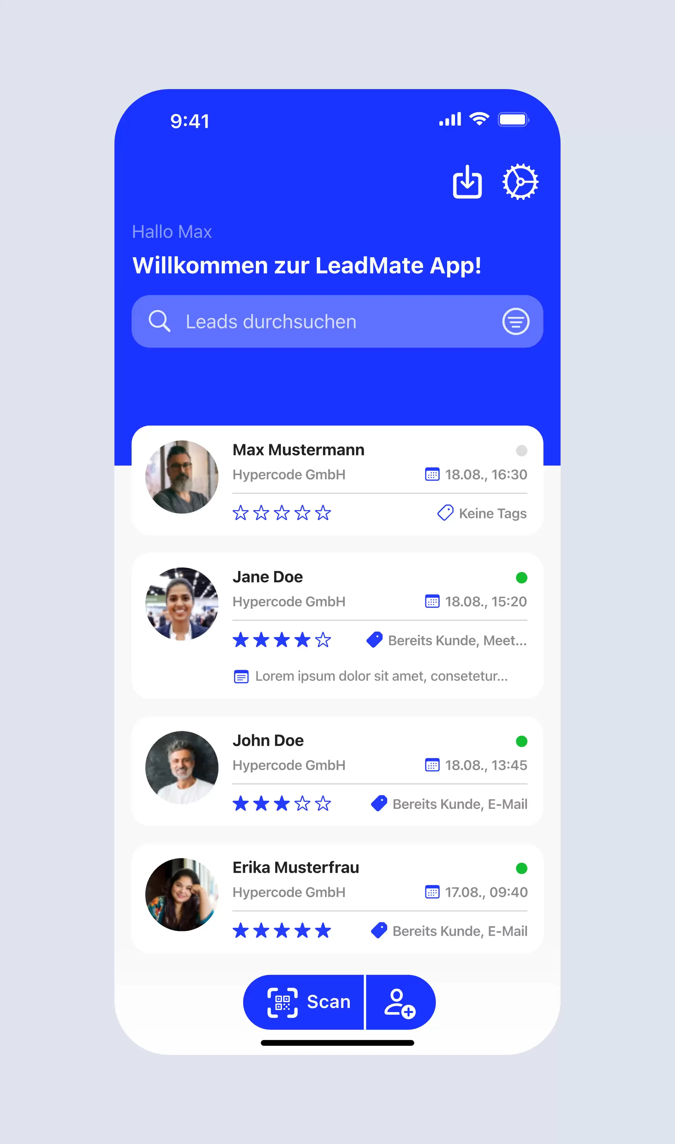 Die dimedis LeadMate App als hybride Mobile App für iOS und Android, konzipiert, gestaltet und entwickelt von Hypercode, unterstützt Messe aussteller bei der strukturierten Erfassung, Qualifizierung und Verwaltung von Leads. Zunächst wird der Übersicht der bereits erfassten Leads gezeigt, gefolgt vom QR-Code-Scan, bei dem eine Besucherin ihren Code in die Kamera hält und der anschließenden Darstellung von Detailinformationen zu einem Lead. | Hypercode, Digital Product Studio, Köln