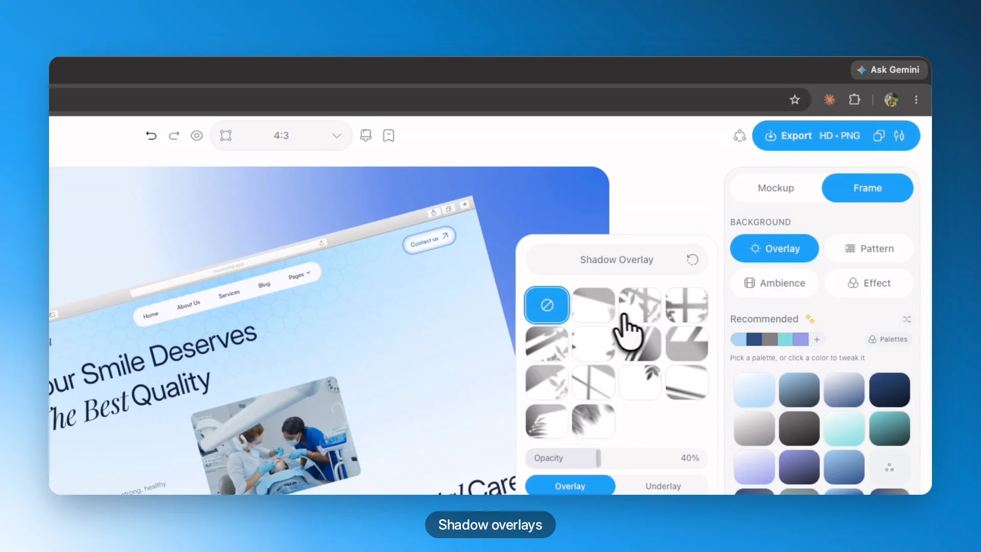 It's live. Mockship is a screenshot mockup editor — drop a screenshot, pick a browser frame or device mockup, choose a background that matches your colors, export up to 6K. No Figma templates. No Photoshop. Built solo over the last few months. mockship.app