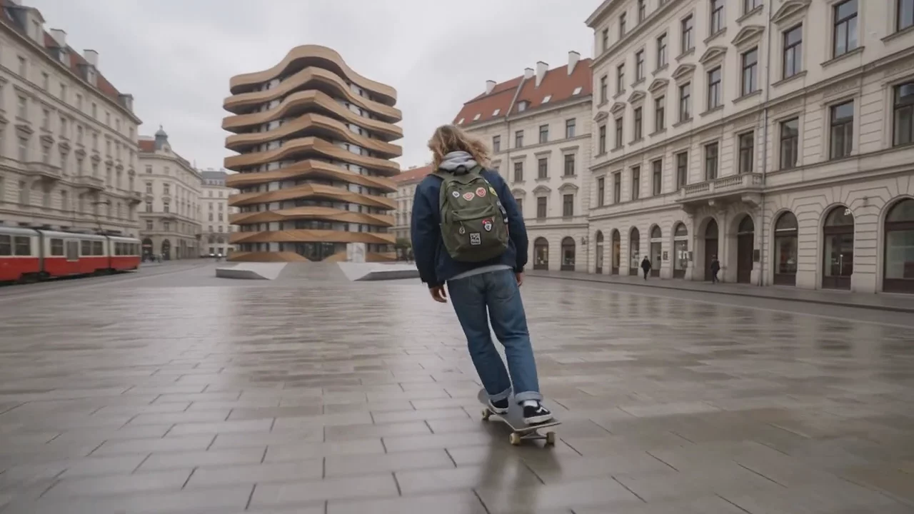 The follow shot: behind her at deck height as she pushes across the square toward the tower