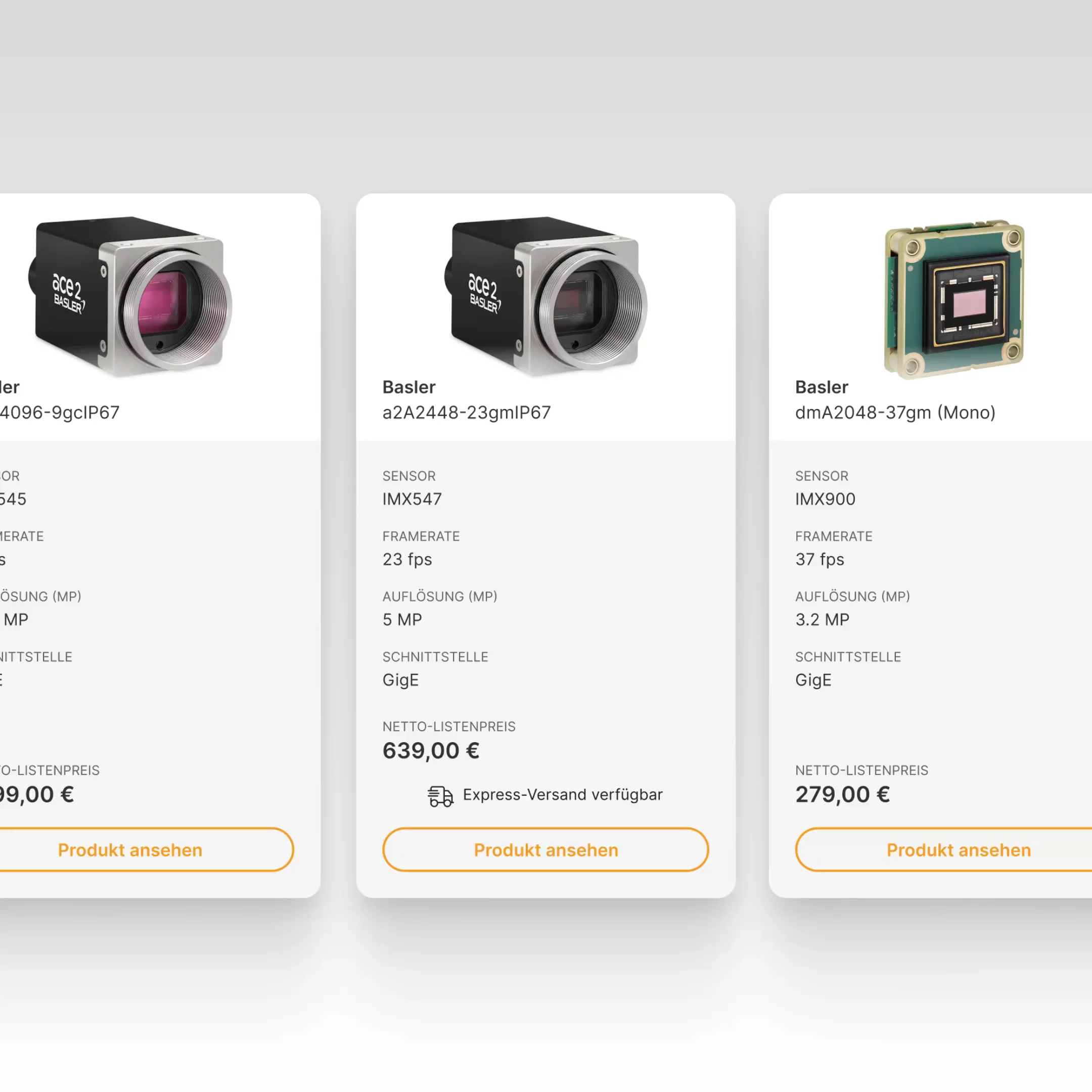 Verschiedene Product-Cards des Basler Portfolios – von Industriekameras über Objektive und Bildeinzugskarten bis hin zu Software- und AI-Tools. Die modernen, von Hypercode entwickelten Karten zeigen das Sortiment klar, hochwertig und benutzerfreundlich. | Hypercode, Digital Product Studio, Köln