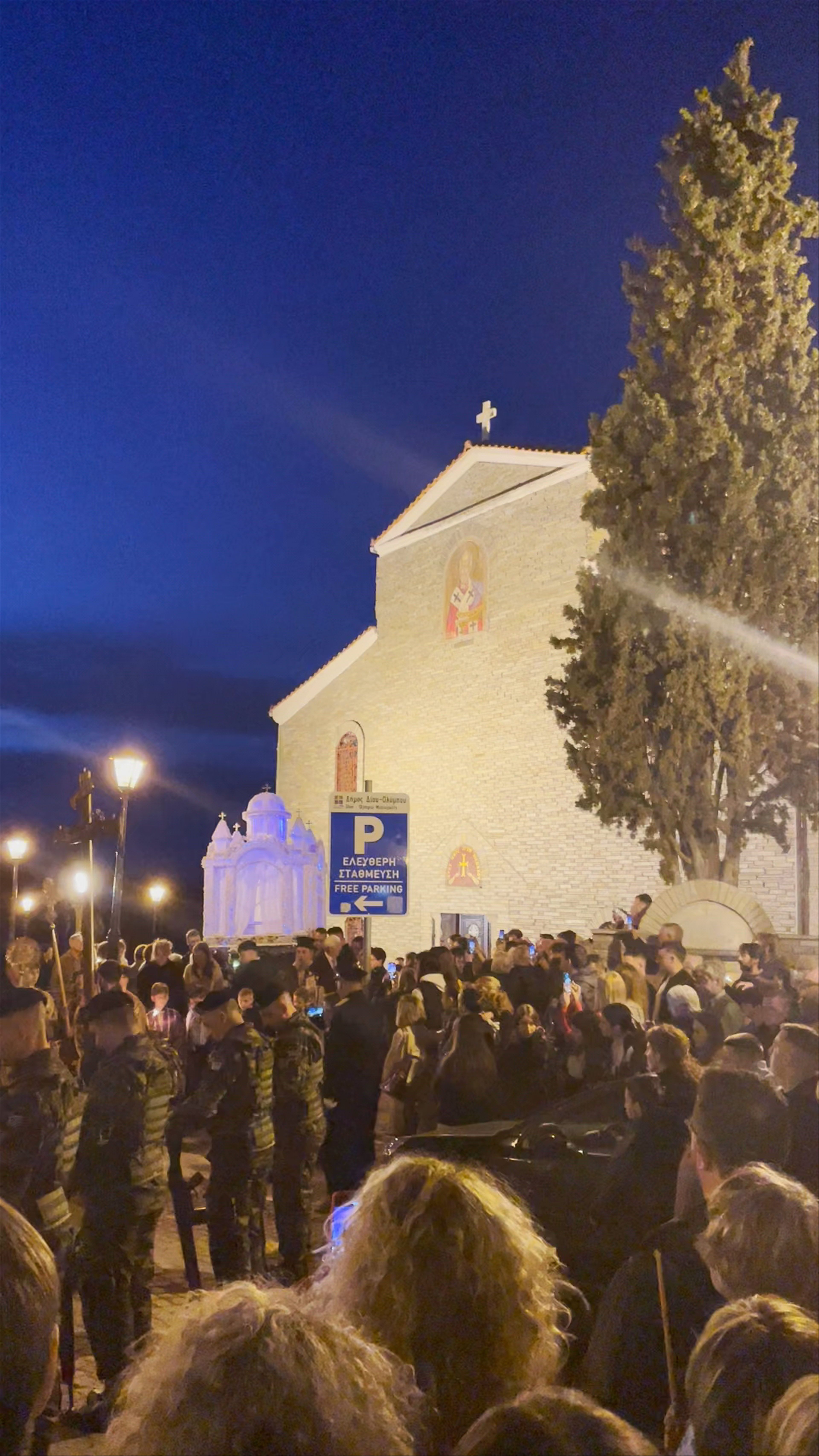 Nighttime Religious Gathering at Saint Nicholas Church, Litochoro, Greece